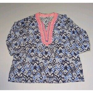Lilly Pulitzer 100% Silk Blue Renato Tunic Top Beaded Neckline Womens XL